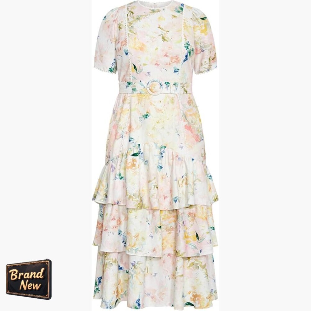 Plus Size Linen Maxi Dress with Self-Tie Waist Belt, Scalloped Trim